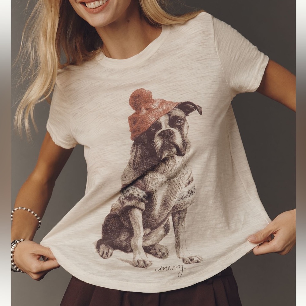 Anthropologie Cream Dog Graphic T-Shirt